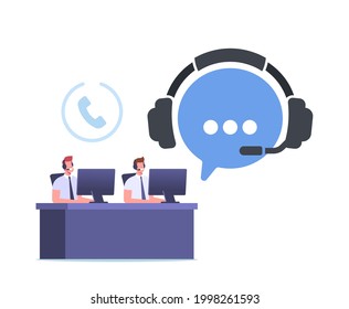 Telemarketing Call Operator Characters Hotline Communication, Consultation. Technical Support Specialist Sit at Computer in Call Center Answering Questions Online. Cartoon People Vector Illustration