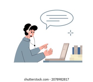 Telemarketing call operator talking with customer online, flat cartoon vector illustration isolated on white background. Telephone center and electronic marketing.