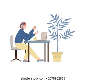 Telemarketing or customers support centre worker working at computer. Hotline operator leading telemarketing sales, flat vector illustration isolated on white background.