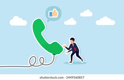 Telemarketing expert generates leads or sales by calling prospects and clients with successful promotions, concept of The salesman representative talks the phone, giving a thumbs up positive feedback
