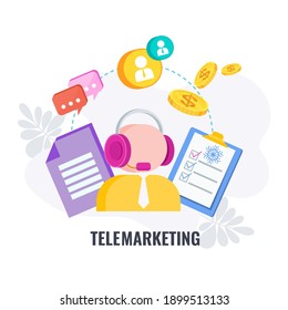 Telemarketing icon. Cold calling. Call center operator in headphones with list of potential customers. Outbound marketing. Traditional advertising and promotion. Flat vector illustration.