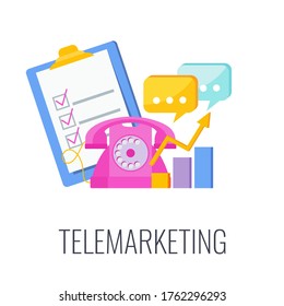 Telemarketing icon. Cold calling. Retro telephone, list of potential customers and conversation scenario. Outbound marketing. Traditional advertising and promotion. Flat vector illustration.