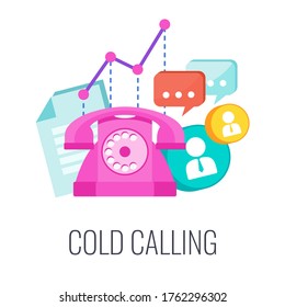 Telemarketing icon. Cold calling. Retro telephone, list of potential customers and conversation scenario. Outbound marketing. Traditional advertising and promotion. Flat vector illustration.