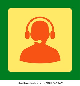 Telemarketing icon from Commerce Buttons OverColor Set. Vector style is orange and yellow colors, flat square rounded button, green background.