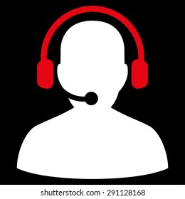 Telemarketing icon from Commerce Set. Vector style: bicolor flat symbol, red and white colors, rounded angles, black background.