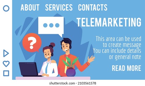 Telemarketing landing page with call center operators sells products with laptop and headset, flat vector illustration. Web banner template with customer support workers.