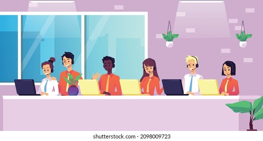 Oficina de telemarketing con operadores con caracteres de auriculares. La línea directa de servicio al cliente o los clientes apoyan al personal en el lugar de trabajo, ilustración vectorial plana.