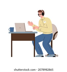 Telemarketing and online sales concept with call operator in headset at customer service office, flat cartoon vector illustration isolated on white background.