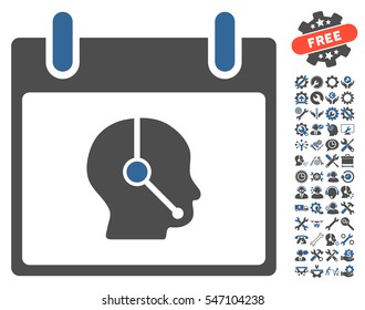 Telemarketing Operator Calendar Day icon with bonus settings pictograph collection. Vector illustration style is flat iconic symbols, cobalt and gray, white background.