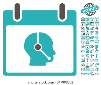Telemarketing Operator Calendar Day icon with bonus calendar and time management clip art. Vector illustration style is flat iconic symbols, grey and cyan, white background.
