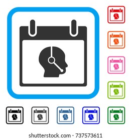 Telemarketing Operator Calendar Day icon. Flat gray iconic symbol in a light blue rounded rectangular frame. Black, gray, green, blue, red,