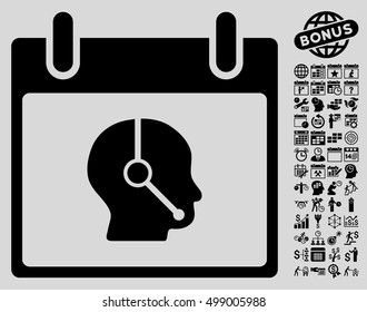 Telemarketing Operator Calendar Day pictograph with bonus calendar and time management pictograms. Vector illustration style is flat iconic symbols, black, light gray background.