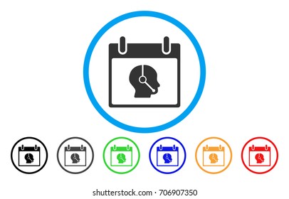 Telemarketing Operator Calendar Day vector rounded icon. Image style is a flat gray icon symbol inside a blue circle. Additional color versions are grey, black, blue, green, red, orange.