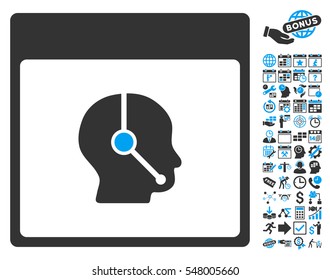 Telemarketing Operator Calendar Page icon with bonus calendar and time management pictures. Vector illustration style is flat iconic symbols, blue and gray, white background.