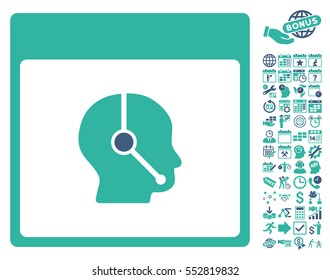 Telemarketing Operator Calendar Page icon with bonus calendar and time management images. Vector illustration style is flat iconic symbols, cobalt and cyan, white background.