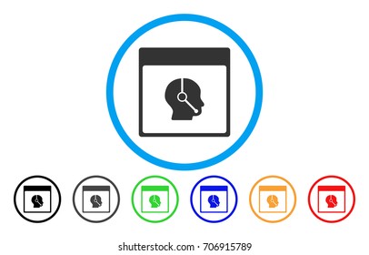 Telemarketing Operator Calendar Page vector rounded icon. Image style is a flat gray icon symbol inside a blue circle. Additional color versions are gray, black, blue, green, red, orange.