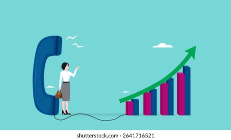 telemarketing strategy to generate lead or sales, telephone call expert to communicate products or services to consumers, woman sales agent talk in phone call and followed by a sales growth graph