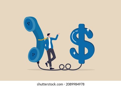 Telemarketing or telesales, phone call for selling product or business deal via telephone call, insurance agent concept, confidence salesman standing with telephone connected to money dollar sign.