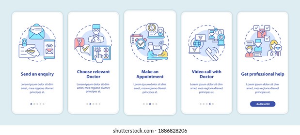 Telemedical consultation steps onboarding mobile app page screen with concepts. Remote medicine walkthrough 5 steps graphic instructions. UI vector template with RGB color illustrations