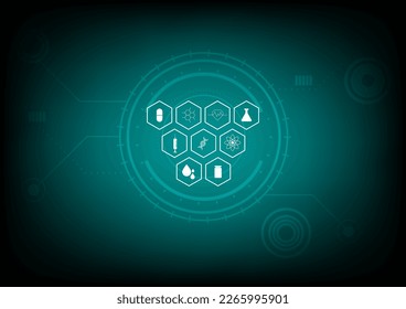 Telemediciene concept. Hexagonal shape with icons of medical such as a syringe, drug, DNA, capsule, heart rate, stethoscope on technology background. E-healthy and innovative medical diagnosis.