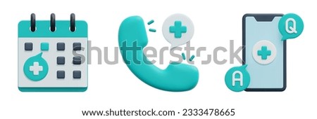 Telemedicine 3d vector icon set. Calendar, consultation, faq. Isolated on white background. 3d icon vector render illustration.
