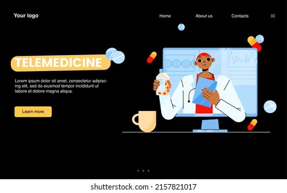 Telemedicine banner. Concept of online doctor consultation, remote healthcare. Vector landing page of medical consult service with flat illustration of man with stethoscope and pills on screen