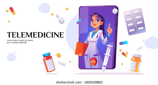 Telemedicine Banner. Medical Online Consultation With Doctor On Mobile Phone Screen. Vector Landing Page Of Telehealth Services With Cartoon Smartphone, Call With Nurse, Pills And Drugs