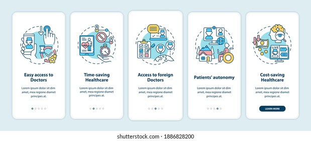 Telemedicine benefits onboarding mobile app page screen with concepts. Mediacl technologies walkthrough 5 steps graphic instructions. UI vector template with RGB color illustrations