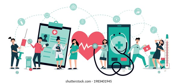 Telemedicine cartoon header title horizontal composition with heartbeat stethoscope online medical advice on tablet smartphone vector illustration