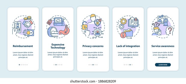 Telemedicine challenges onboarding mobile app page screen with concepts. Future hospital service walkthrough 5 steps graphic instructions. UI vector template with RGB color illustrations