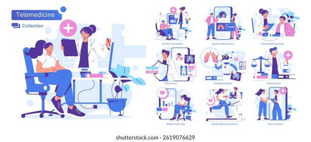 Telemedicine collection. This illustration highlights various aspects of remote healthcare, including virtual consultations, personalized treatment, data privacy, and medical ethics. It captures