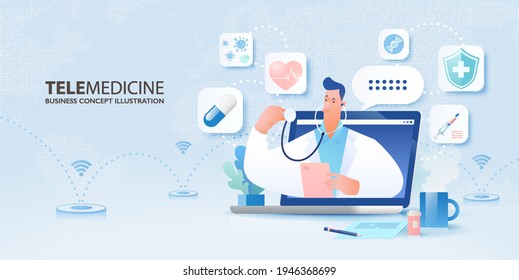 Telemedicine concept banner. Video call with doctor via online technology with flat cartoon character of doctor pops out from a laptop computer and medical icons