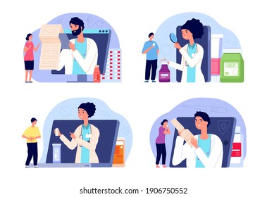 Telemedicine concept. Computing doctor, computer prescription for patients. Telehealth, video internet technology in medicine utter vector scenes