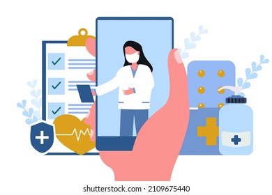 Telemedicine Concept digital display technology screen. human hand holding smartphone screen with doctor Give advice and consult about drug use with patients.