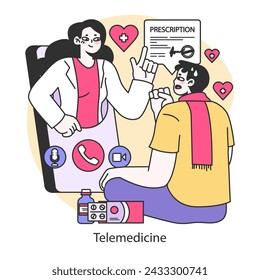Telemedicine concept. Digital healthcare consultation with prescription services, bridging the gap between patient and care through technology. Flat vector illustration.