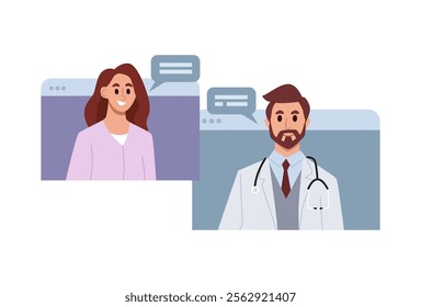 Telemedicine concept. Doctor consulting patient using online through video call app. Vector flat illustration.