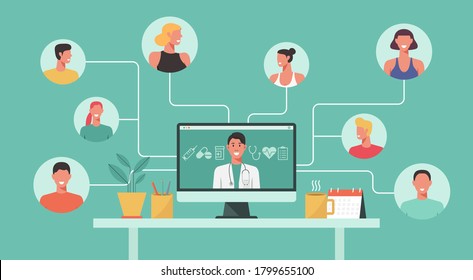 Telemedicine Concept With Doctor And Medicine Icon On Computer, Virtual Meeting With Patients, Flat Vector Illustration