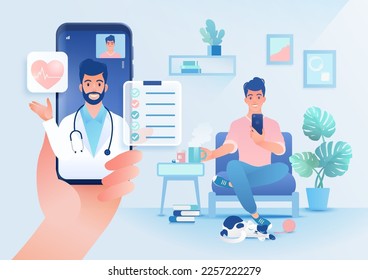 Telemedicine concept with doctor and patient via a smartphone. Vector illustration in flat style