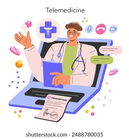 Telemedicine concept. Doctor providing healthcare services online, complete with digital prescription and medical icons. Virtual clinic consultation. Vector illustration.