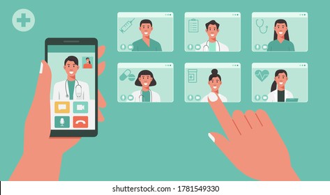 telemedicine concept, human hand holding smartphone using app for healthcare or online consultation on screen and choosing doctors for video call, flat vector illustration