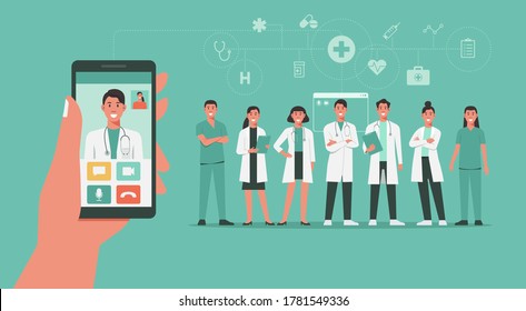 telemedicine concept, human hand holding smartphone using app for video call, healthcare or online consultation with doctor on screen and medical staffs standing, flat vector illustration