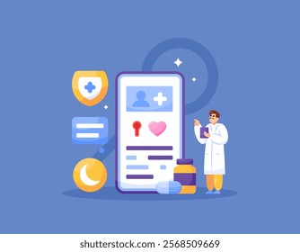 telemedicine concept. online health consultation and examination. illustration of a doctor with a mobile health application on a smartphone. technology and services. flat style design. elements