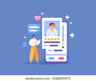 telemedicine concept. online health consultation and examination. illustration of a man choosing a doctor in a mobile health application on a smartphone. technology and services. flat style design