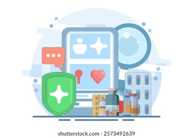 telemedicine concept or online health consultation and examination. illustration of a doctor with a mobile health application on a smartphone. technology and services. flat style design illustration