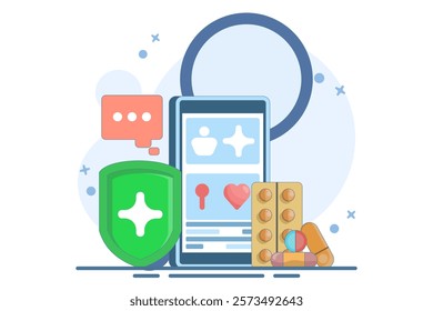 telemedicine concept or online health consultation and examination. illustration of a doctor with a mobile health application on a smartphone. technology and services. flat style design illustration