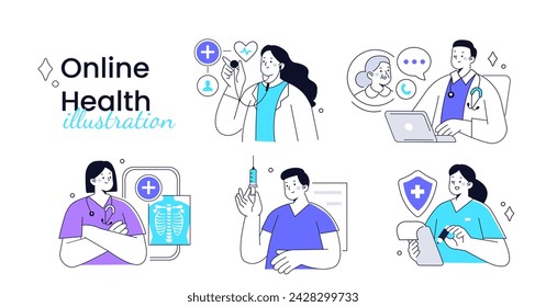 Telemedicine. Concept outline illustrations set. Doctors, nurses and other medical staff use online medicine services to monitor patients health. Vector illustration  