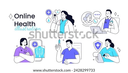 Telemedicine. Concept outline illustrations set. Doctors, nurses and other medical staff use online medicine services to monitor patients health. Vector illustration  