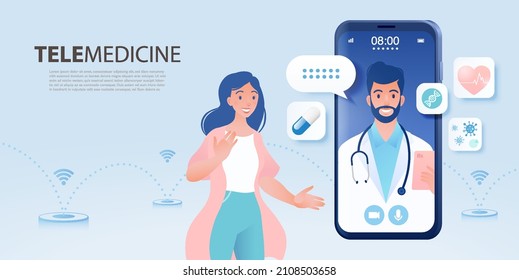 Telemedicine Concept Vector Banner. Female Patient Consulting Doctor Using Online Technology Through Smartphone App.