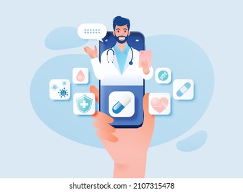 Telemedicine concept vector illustration. Consulting doctor using online technology through smartphone app is in a palm of your hand.