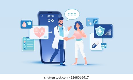 Telemedicine concept vector illustration. Female patient seeing doctor using internet online technology through smart devices.